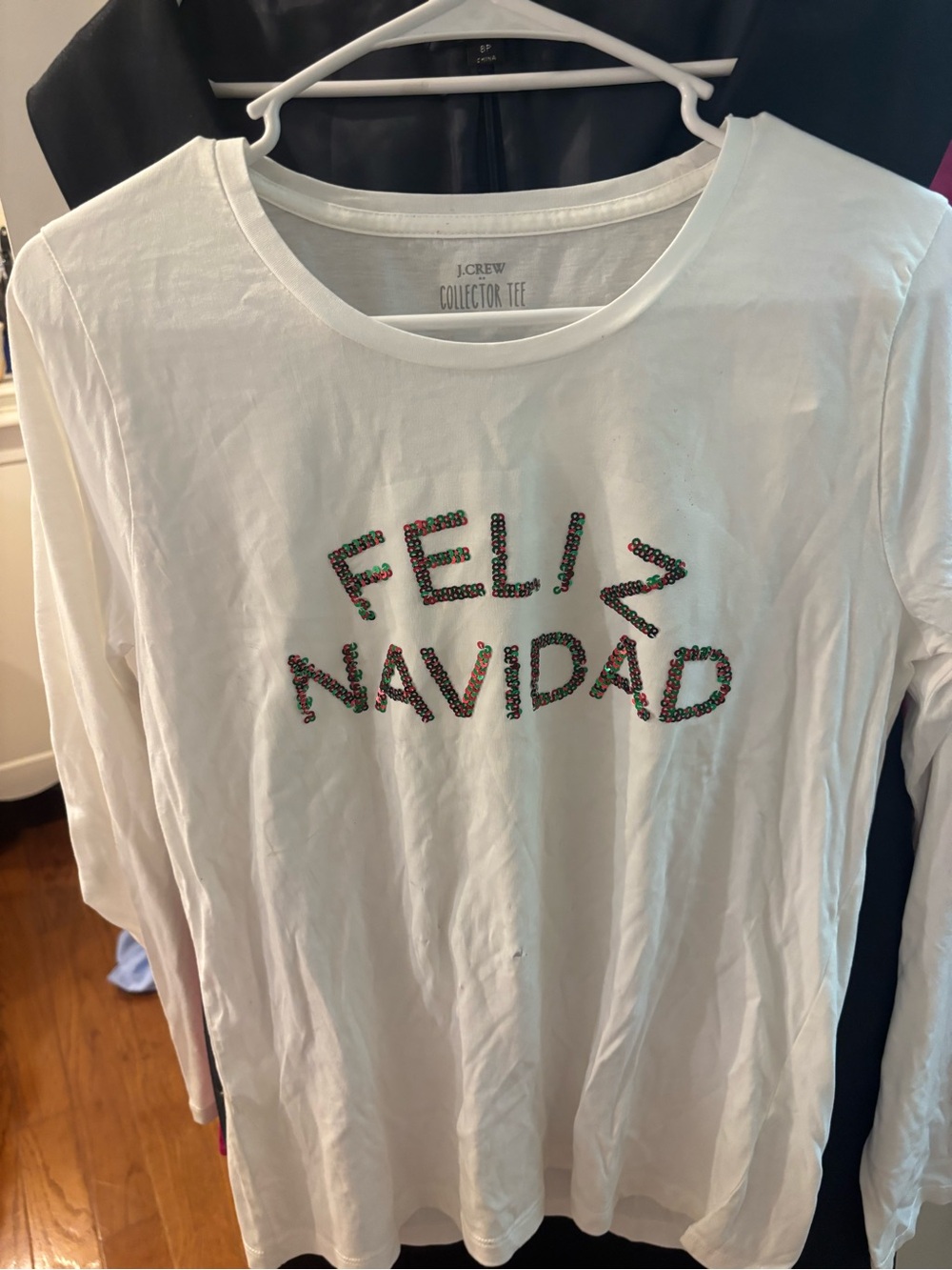 J. Crew White Long-Sleeve 'Feliz Navidad' Beaded Tee